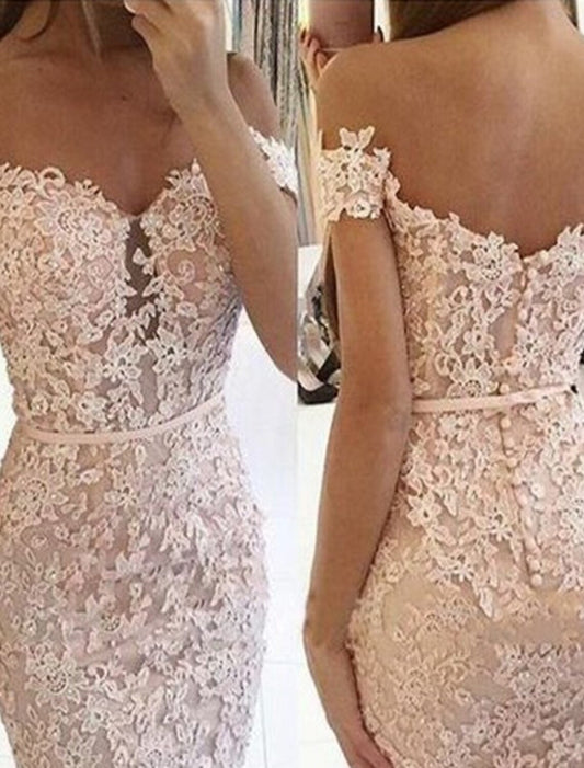 Sheath / Column Cocktail Dresses Floral Dress Homecoming Party Wear Short / Mini Sleeveless Off Shoulder Fall Wedding Guest Lace with Appliques