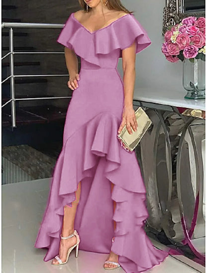 A-Line Evening Gown Minimalist Dress Wedding Guest Homecoming Asymmetrical Sleeveless Off Shoulder Satin with Ruffles Slit