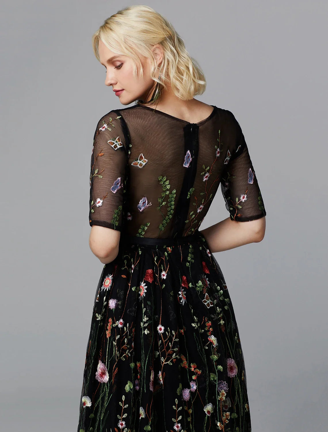 A-Line Floral Dress Wedding Guest Holiday Tea Length Half Sleeve Illusion Neck Lace with Embroidery Appliques