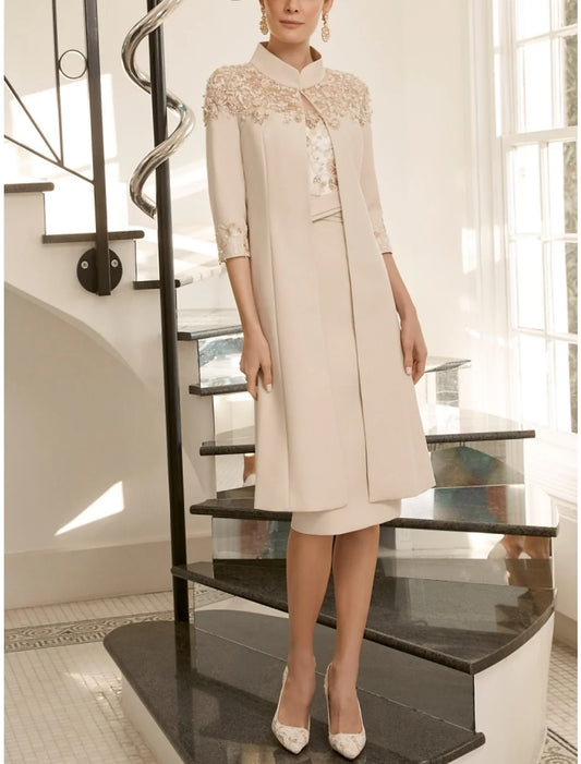 Two Piece Sheath / Column Mother of the Bride Dress Wedding Guest Elegant Jewel Neck Knee Length Fabric Half Sleeve with Lace Beading Sequin