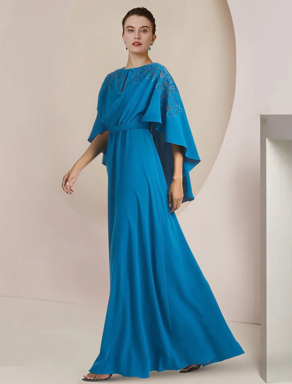 A-Line Mother of the Bride Dress Formal Wedding Guest Elegant V Neck Floor Length Chiffon Sleeveless with Beading