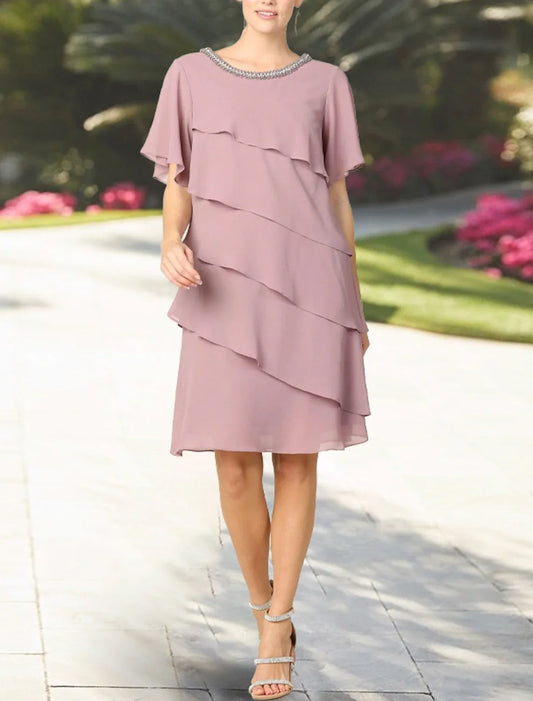 Sheath / Column Cocktail Dresses Minimalist Dress Formal Wedding Guest Knee Length Short Sleeve Jewel Neck Chiffon with Pleats Pure Color Tiered