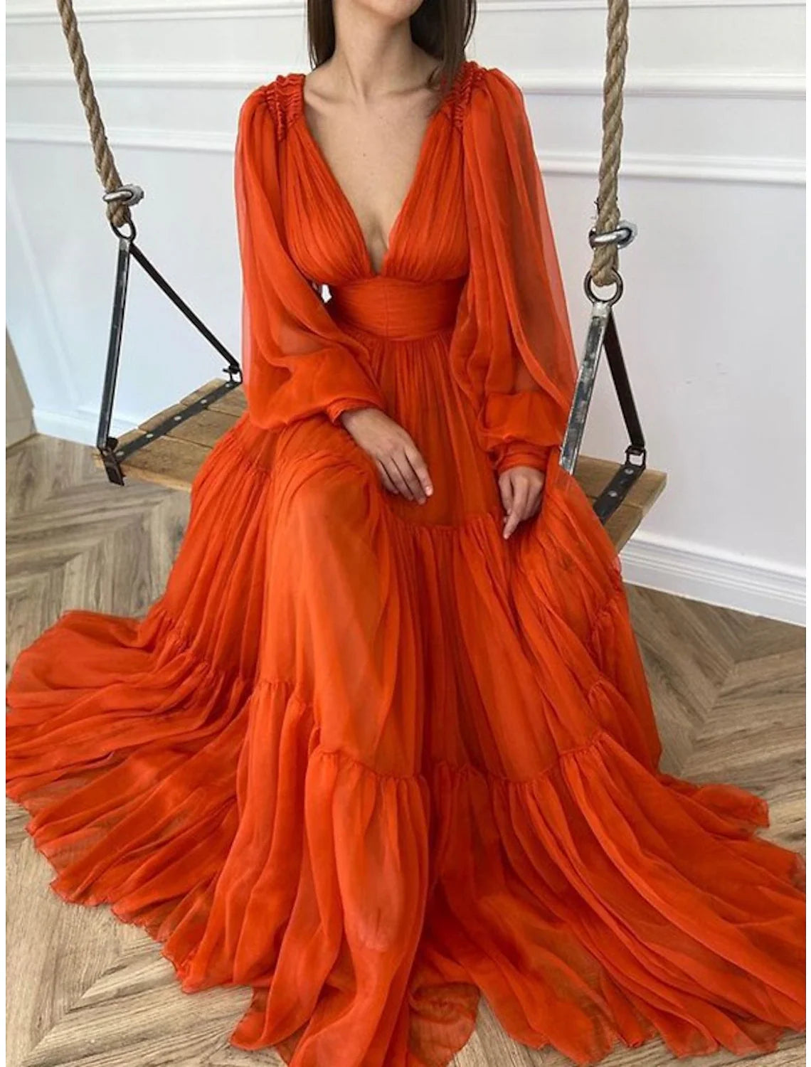 A-Line Evening Gown Elegant Dress Red Green Dress Formal Wedding Guest Floor Length Long Sleeve V Neck Chiffon with Ruched