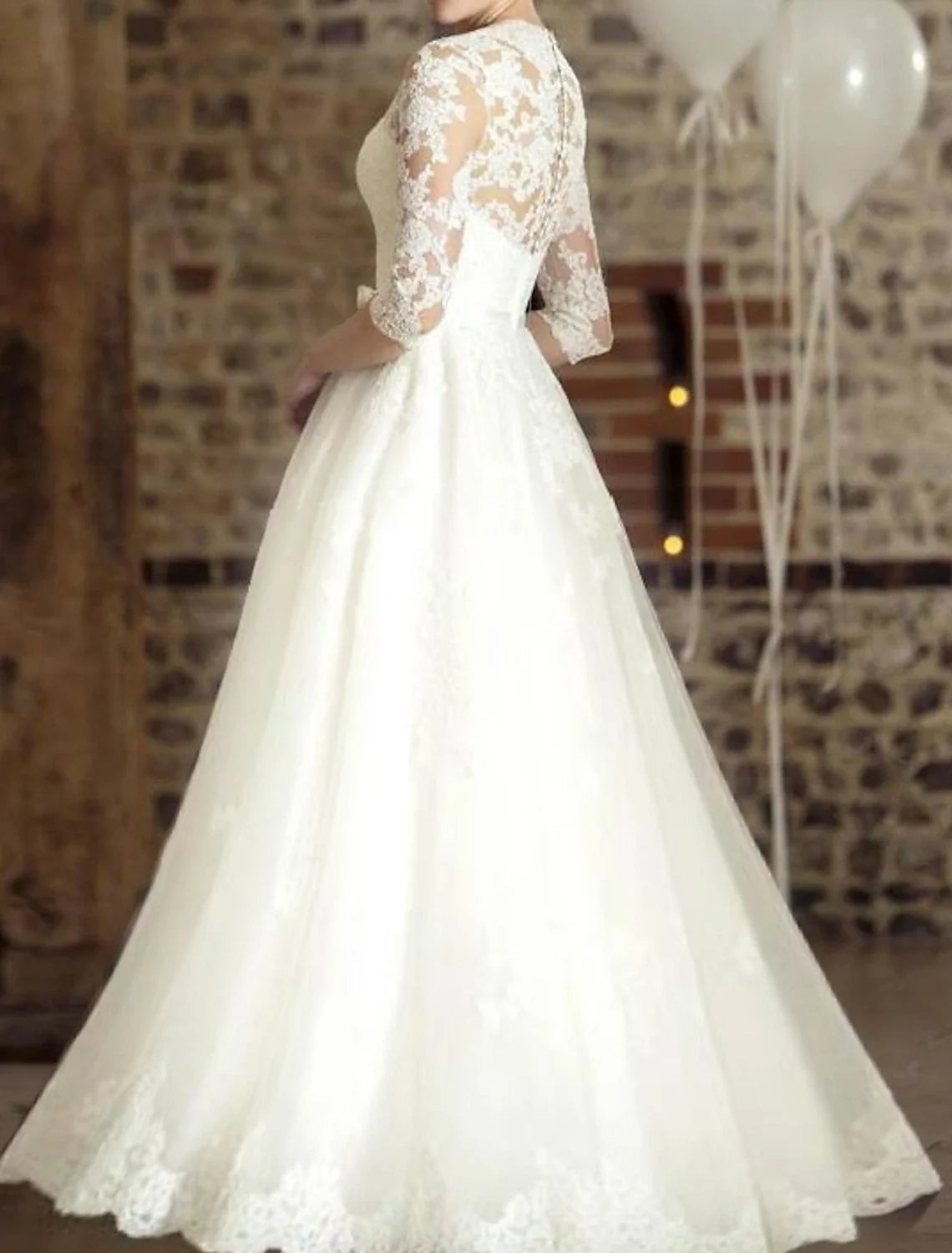Engagement Formal Wedding Dresses A-Line V Neck Half Sleeve Floor Length Lace Bridal Gowns With Appliques