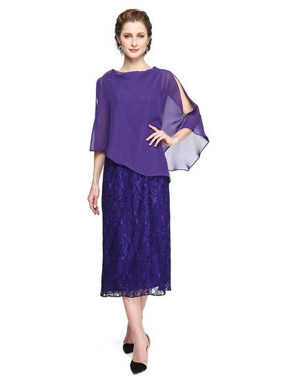 A-Line Mother of the Bride Dress Two Piece Jewel Neck Tea Length Chiffon Lace Sleeveless yes with Pleats Appliques