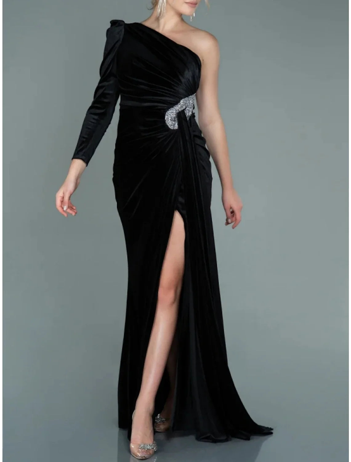 A-Line Evening Gown Christmas Elegant Dress Formal Sweep / Brush Train Long Sleeve One Shoulder Velvet with Glitter Pleats Ruched 2026