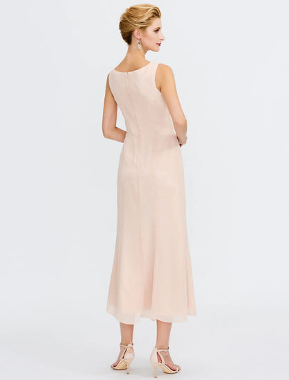 Two Piece Sheath / Column Mother of the Bride Dress Wedding Guest Plus Size Elegant with Jacket Long Sleeve Scoop Neck Tea Length Chiffon Sash / Ribbon Pleats Beading