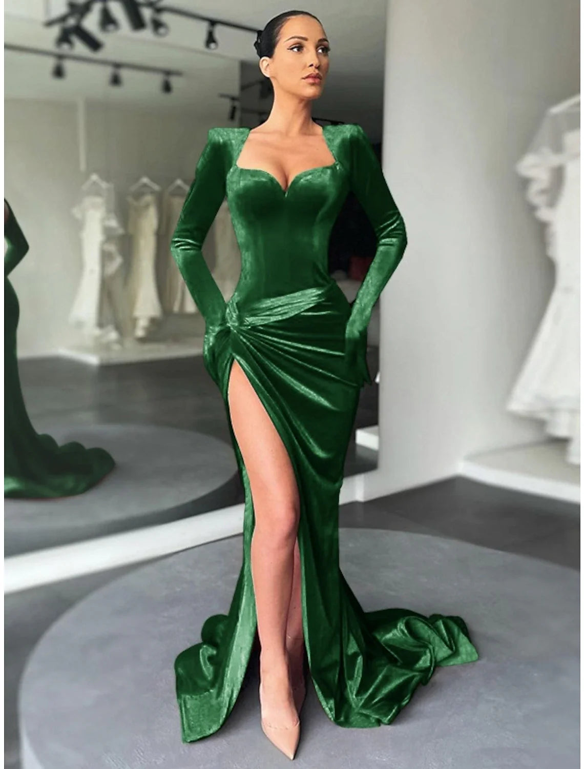 Mermaid / Trumpet Evening Gown Elegant Dress Formal Wedding Court Train Long Sleeve Square Neck Velvet