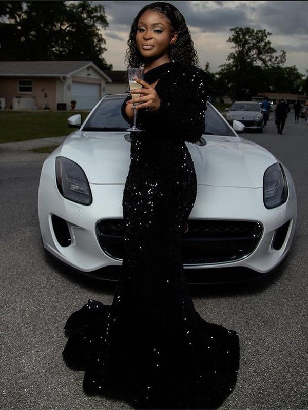 Sheath/Column Sequins Ruched One-Shoulder Long Sleeves Sweep/Brush Train Dresses