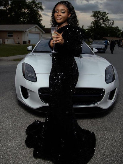 Sheath/Column Sequins Ruched One-Shoulder Long Sleeves Sweep/Brush Train Dresses
