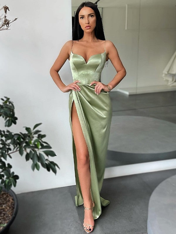 Sheath/Column Woven Satin Ruched V-neck Sleeveless Sweep/Brush Train Dresses