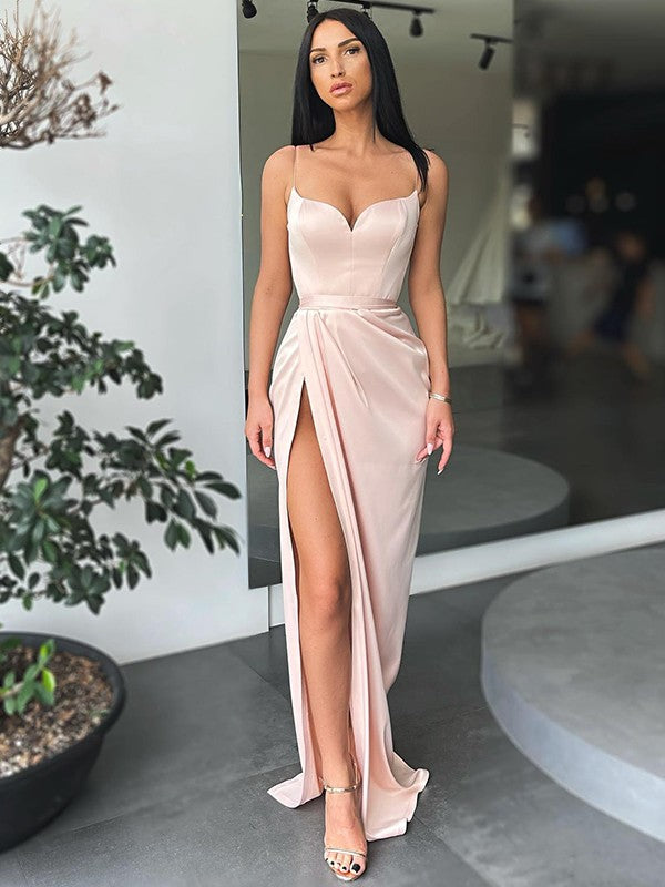 Sheath/Column Woven Satin Ruched V-neck Sleeveless Sweep/Brush Train Dresses