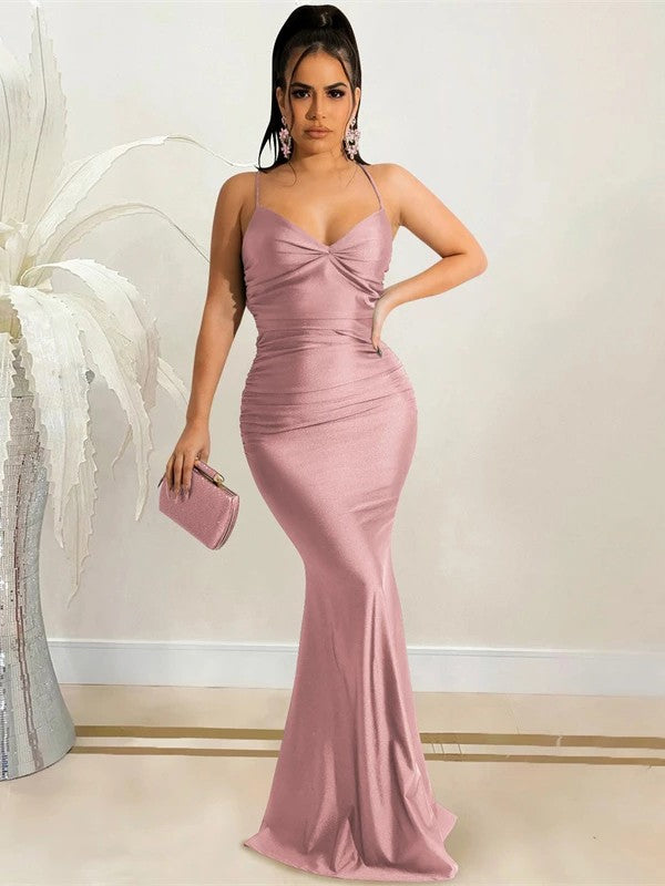 Sheath/Column NS Woven Satin Ruched V-neck Sleeveless Sweep/Brush Train Dresses