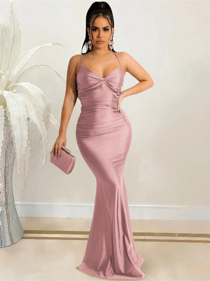 Sheath/Column NS Woven Satin Ruched V-neck Sleeveless Sweep/Brush Train Dresses