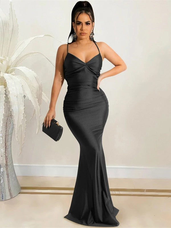 Sheath/Column NS Woven Satin Ruched V-neck Sleeveless Sweep/Brush Train Dresses