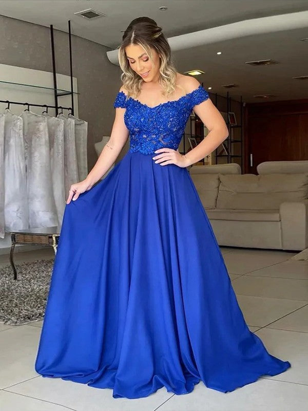 A-Line/Princess Woven Satin Applique Off-the-Shoulder Sleeveless Sweep/Brush Train Dresses