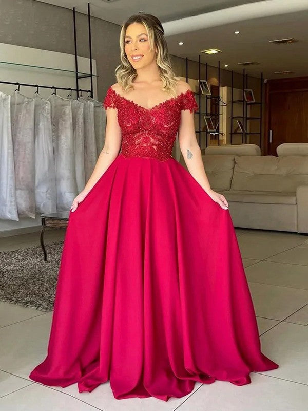A-Line/Princess Woven Satin Applique Off-the-Shoulder Sleeveless Sweep/Brush Train Dresses