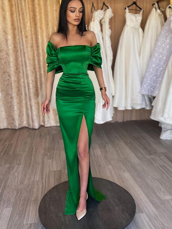 Sheath/Column Satin Ruched Off-the-Shoulder Sleeveless Sweep/Brush Train Dresses
