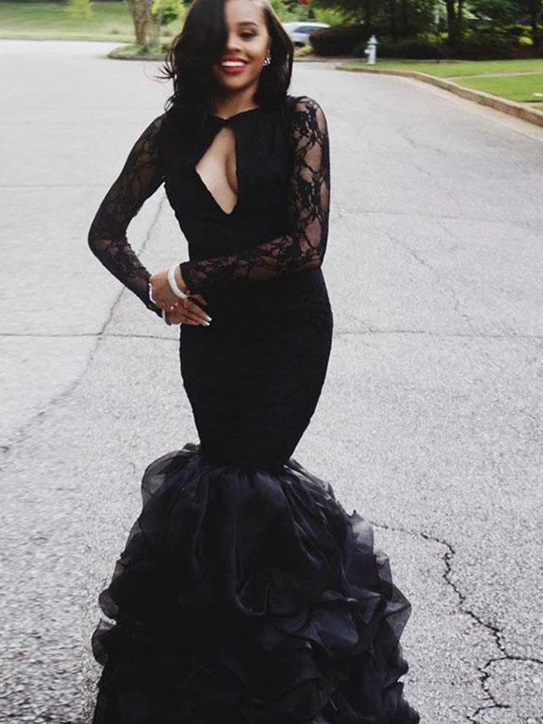 Trumpet/Mermaid Lace Layers Jewel Long Sleeves Floor-Length Dresses