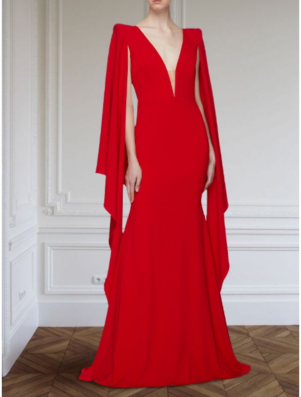 Mermaid / Trumpet Evening Gown Elegant Dress Formal Christmas Sweep / Brush Train Long Sleeve V Neck Fabric with Pleats