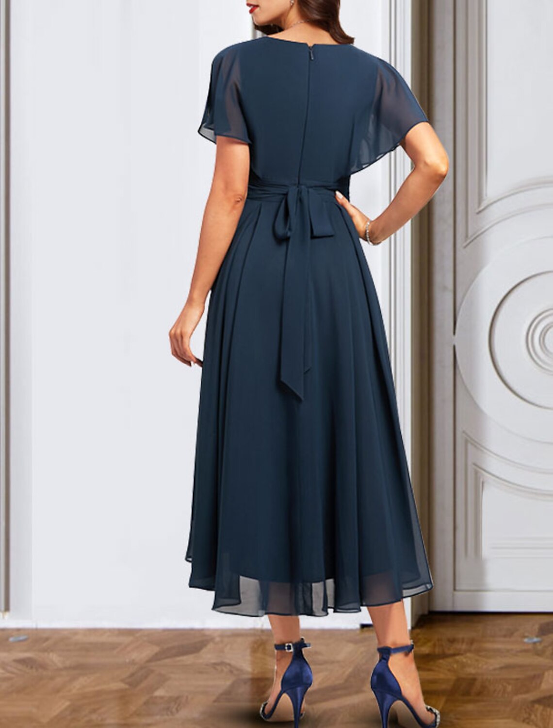 A-Line Cocktail Dresses Empire Dress Party Wear Wedding Guest Ankle Length Short Sleeve V Neck Fall Wedding Guest Chiffon with Pure Color Strappy 2026
