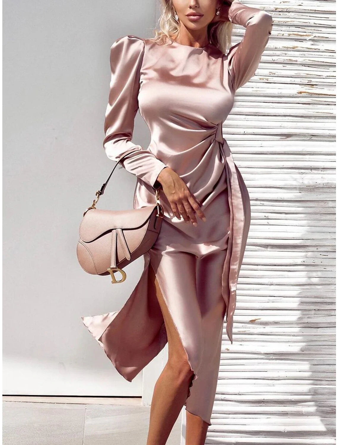 Sheath / Column Cocktail Dresses Party Dress Party Wear Prom Asymmetrical Long Sleeve Jewel Neck Fall Wedding Guest Charmeuse with Draping Pure Color 2026