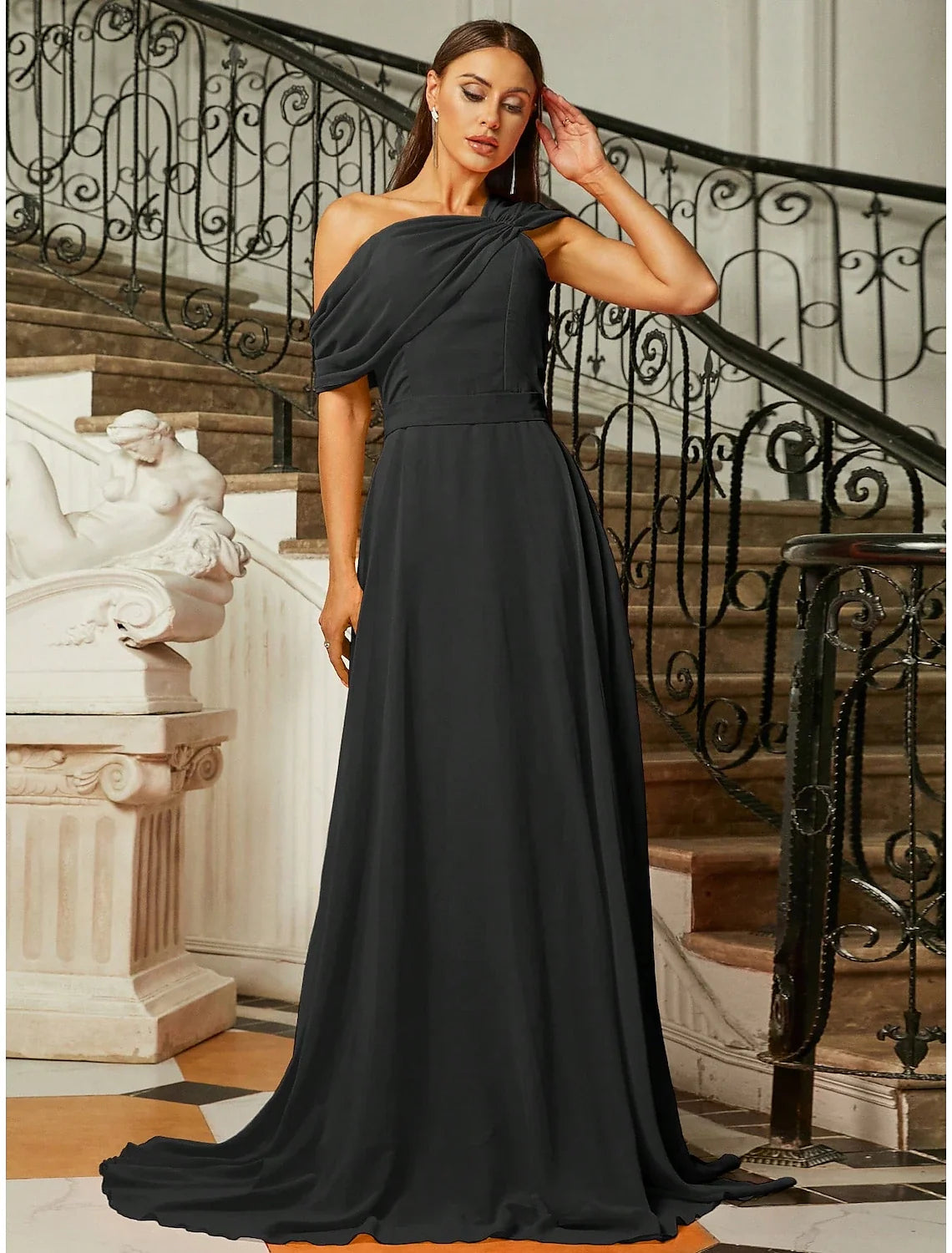 A-Line Evening Gown Elegant Dress Formal Wedding Guest Sweep / Brush Train Short Sleeve One Shoulder Fabric with Pleats Ruched