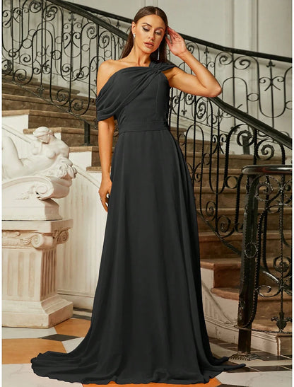 A-Line Evening Gown Elegant Dress Formal Wedding Guest Sweep / Brush Train Short Sleeve One Shoulder Fabric with Pleats Ruched