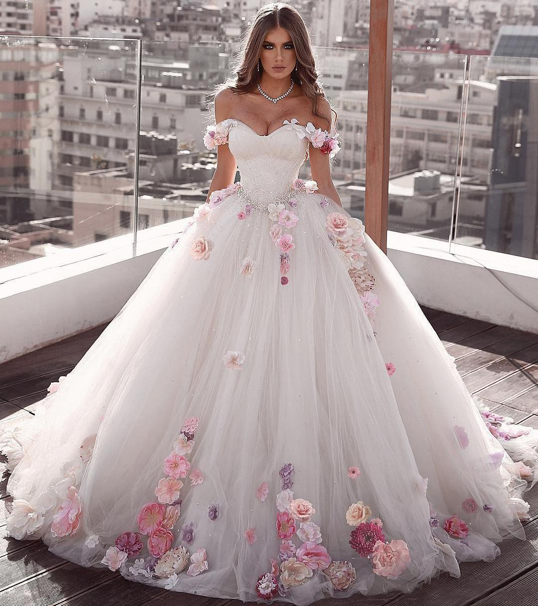 Off Shoulder Tulle Ball Gowns Wedding Dresses Floral Flowers Beaded