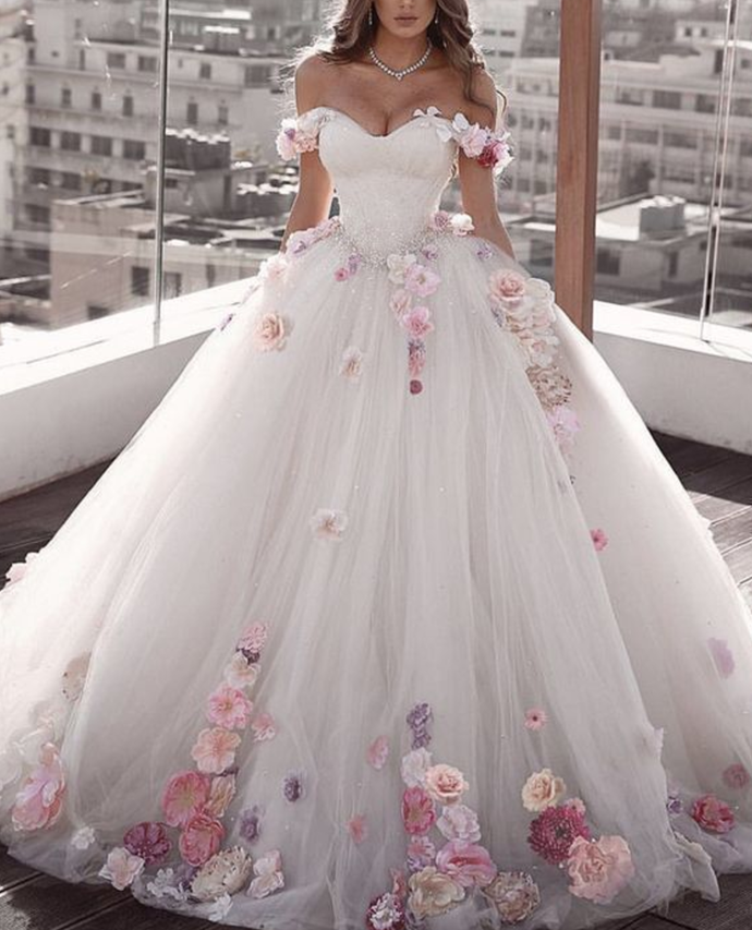 Off Shoulder Tulle Ball Gowns Wedding Dresses Floral Flowers Beaded