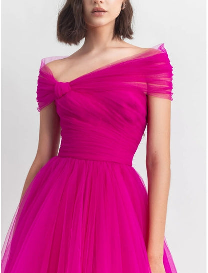 A-Line Evening Gown Party Dress Puffy Dress Formal Fall Ankle Length Short Sleeve Off Shoulder Tulle with Pleats Ruched 2026
