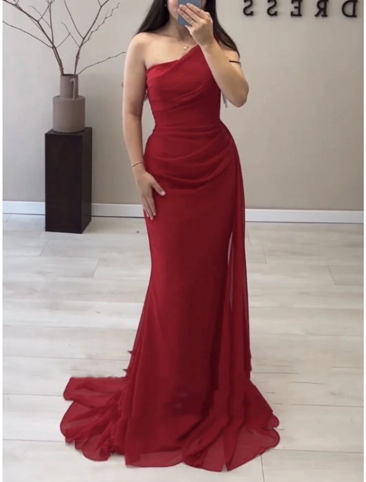 A-Line Evening Gown Elegant Dress Formal Sweep / Brush Train Christmas Red Green Dress Sleeveless One Shoulder Chiffon with Pleats Ruched