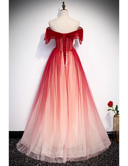 Unique and beautiful gradient red off shoulder short sleeved beaded evening dress gradient red A-line princess strapless backless strap and ground length evening dress