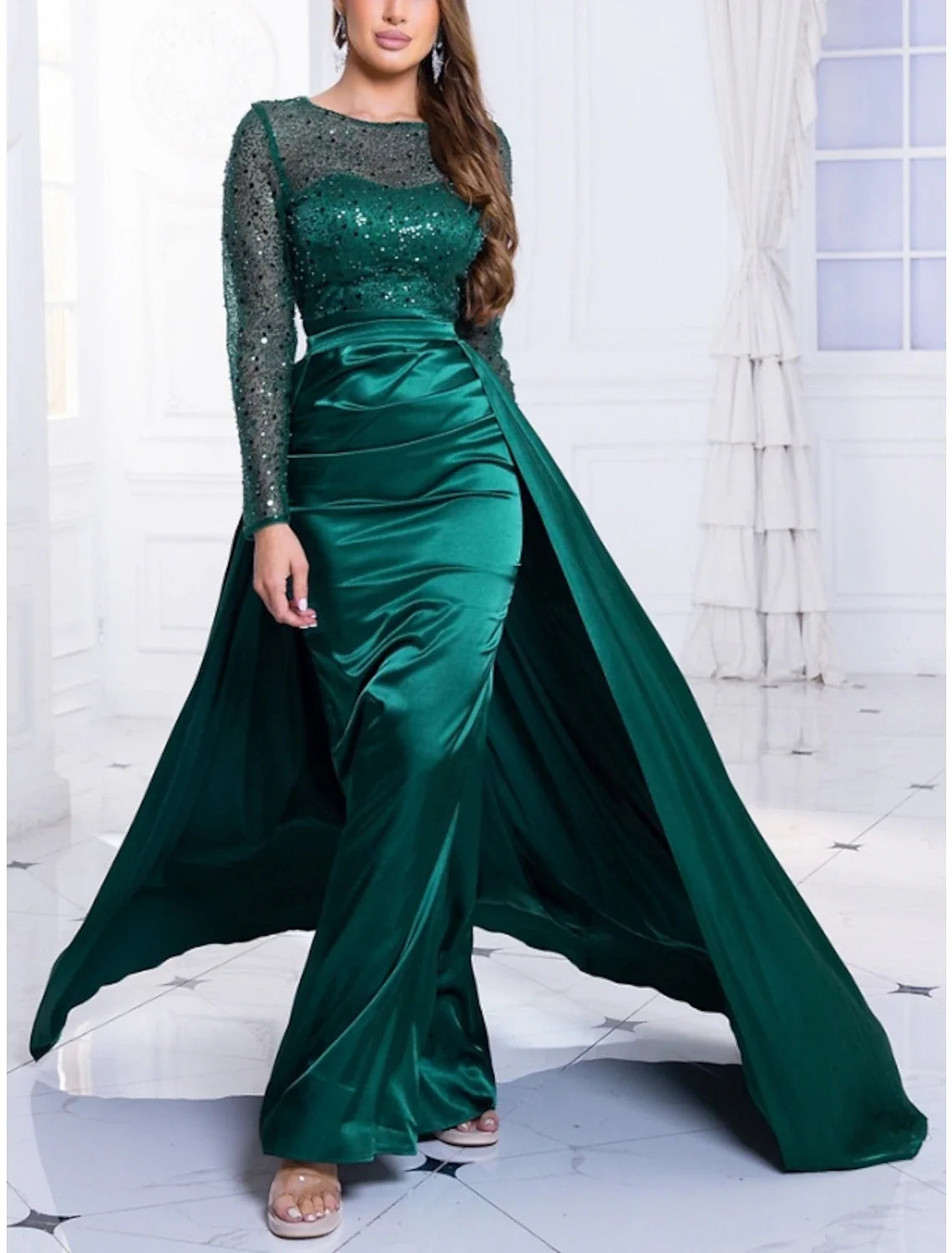 Sheath / Column Evening Gown Elegant Dress Formal Wedding Guest Sweep / Brush Train Long Sleeve Jewel Neck Satin with Ruched Sequin 2026