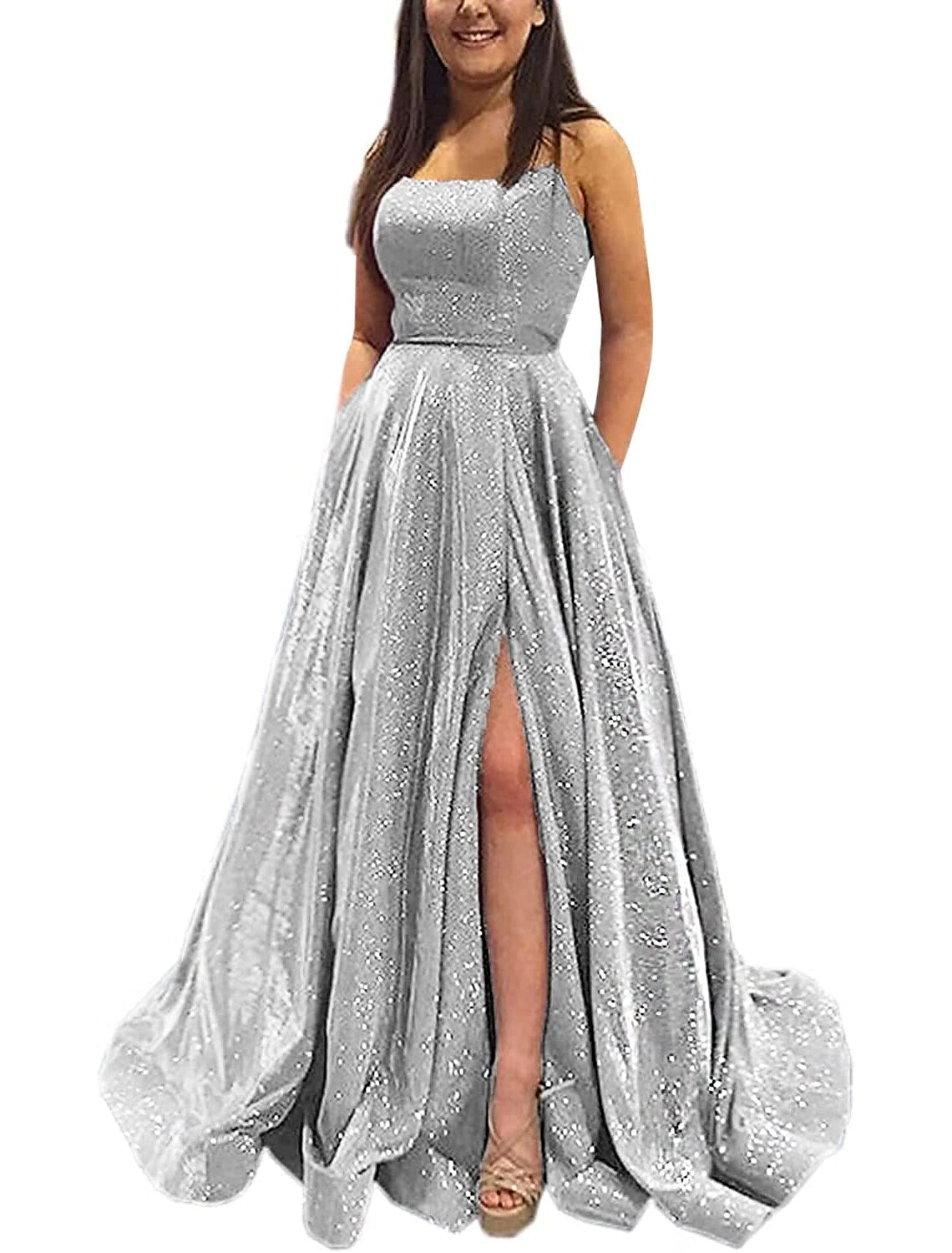 A-Line Prom Dresses Sparkle & Shine Dress Formal Prom Floor Length Sleeveless Strapless Pocket Satin Backless with Slit Pocket