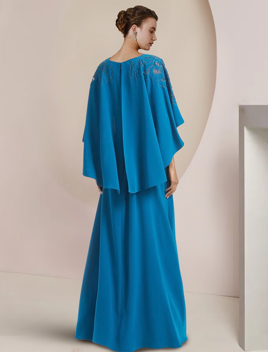 A-Line Mother of the Bride Dress Formal Wedding Guest Elegant V Neck Floor Length Chiffon Sleeveless with Beading