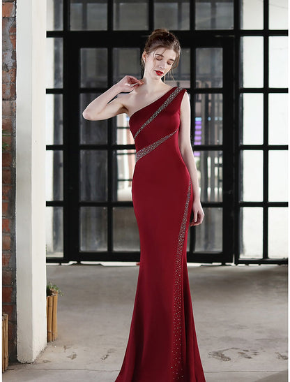 Mermaid / Trumpet Evening Gown Sexy Dress Wedding Guest Formal Evening Floor Length Sleeveless One Shoulder Satin with Crystals