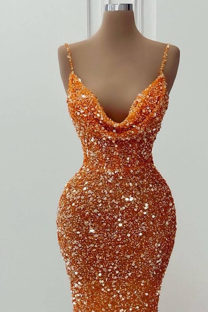 Orange Gorgeous Shiny V-Neck Mermaid Slim Spaghetti Straps Long Sequined Ball Gowns Prom Dress