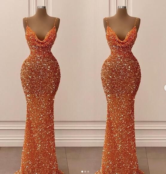 Orange Gorgeous Shiny V-Neck Mermaid Slim Spaghetti Straps Long Sequined Ball Gowns Prom Dress