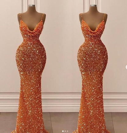 Orange Gorgeous Shiny V-Neck Mermaid Slim Spaghetti Straps Long Sequined Ball Gowns Prom Dress