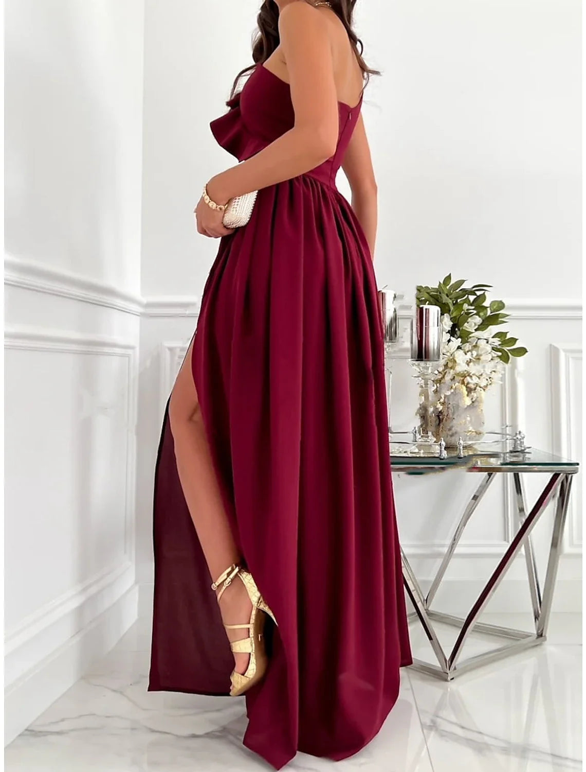 Women's Sleeveless Pure Color Patchwork Cold Shoulder Long Maxi Homecoming Dress