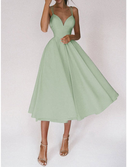 A-Line Homecoming Dresses Open Back Dress Wedding Guest Holiday Tea Length Sleeveless Spaghetti Strap Spandex Backless with Pleats