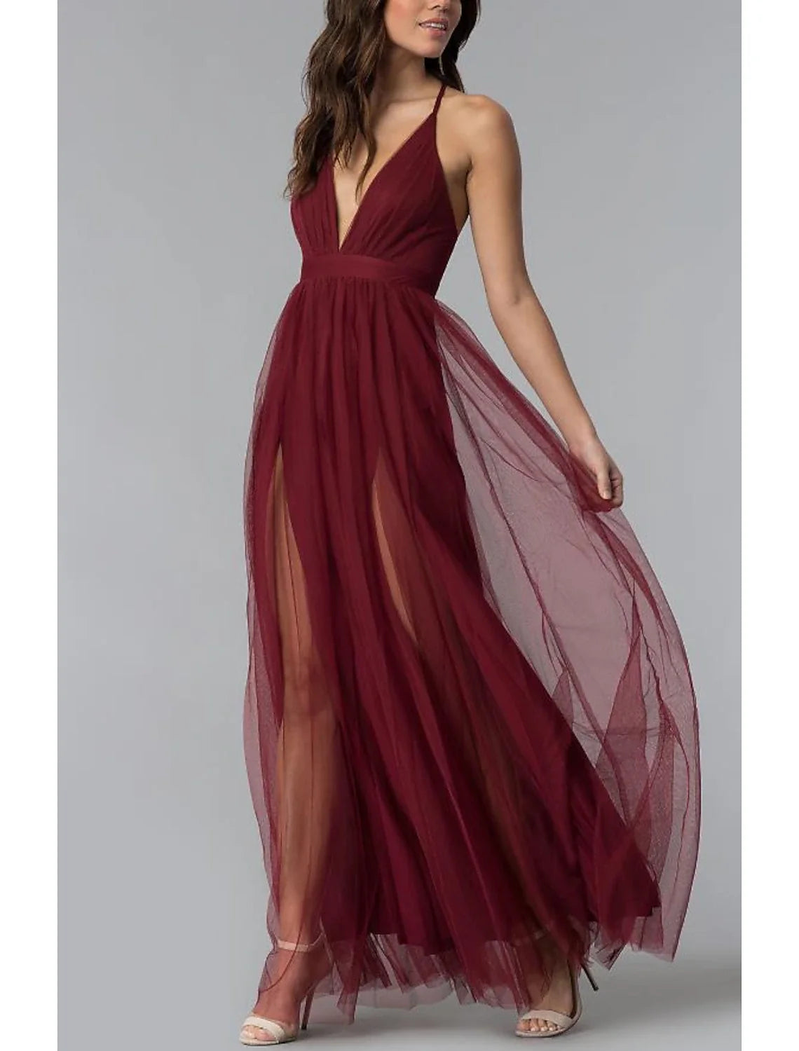 Sheath / Column Prom Dresses Elegant Dress Wedding Guest Prom Floor Length Sleeveless Halter Neck Bridesmaid Dress Tulle Crisscross Back with Sash / Ribbon Pleats Split Front