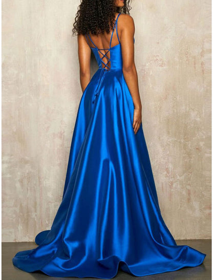 A-Line Prom Dresses Elegant Dress Formal Wedding Guest Court Train Sleeveless Spaghetti Strap Cotton Backless with Pleats Pure Color