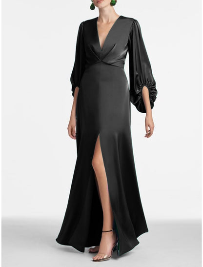 Green Satin Formal A-Line Long Sleeve Evening Gown Black Party Dress High Split Fall wedding guest Dress Floor Length V Neck with Ruched Slit