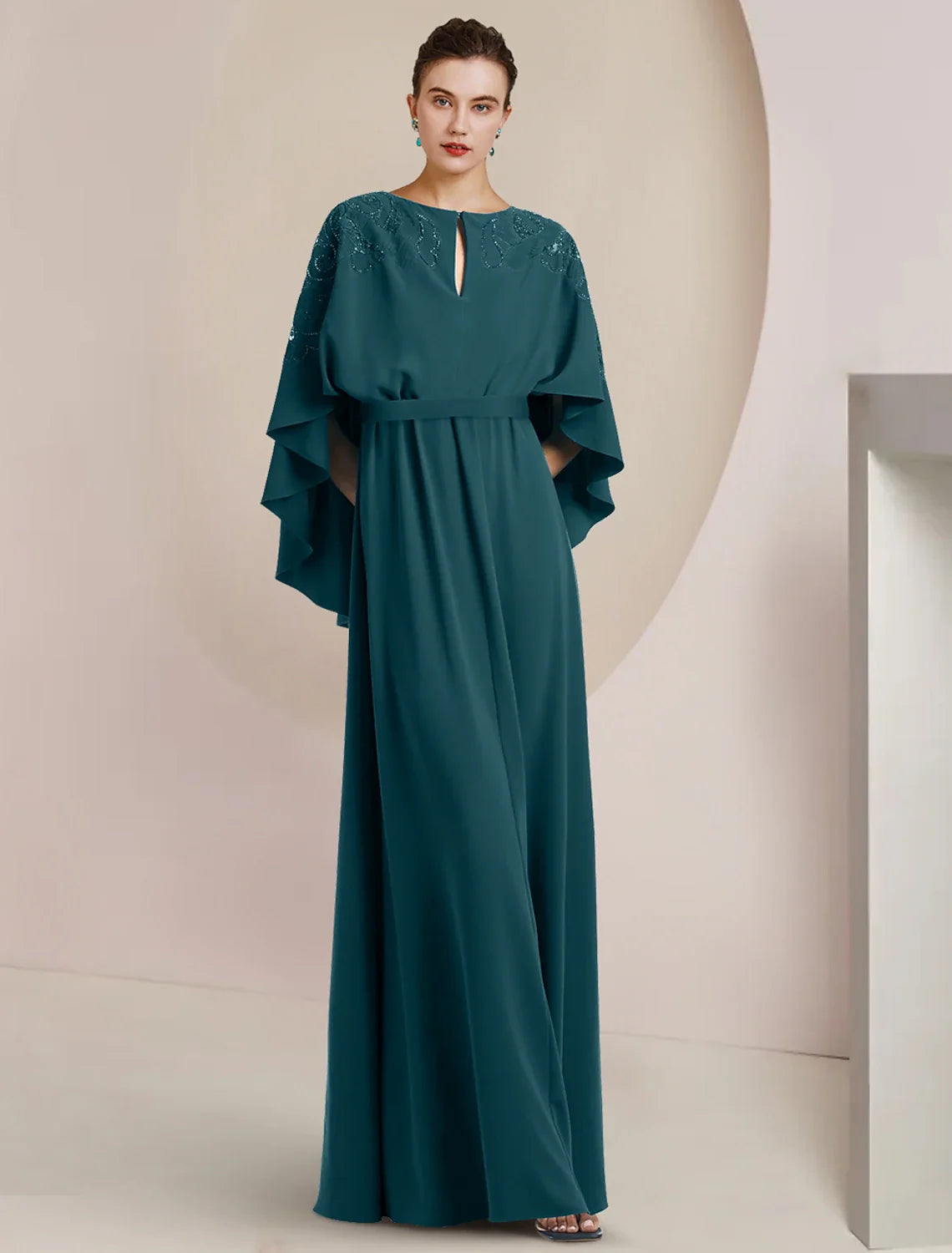 A-Line Mother of the Bride Dress Formal Wedding Guest Elegant V Neck Floor Length Chiffon Sleeveless with Beading