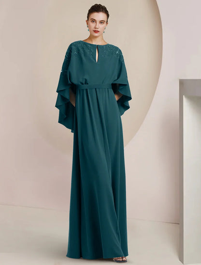 A-Line Mother of the Bride Dress Formal Wedding Guest Elegant V Neck Floor Length Chiffon Sleeveless with Beading