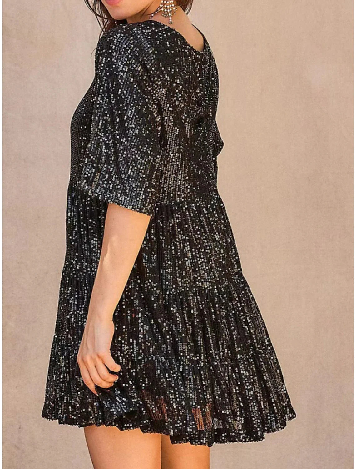 Women's Silver Sequin Dress Party Dress Sparkly Dress Homecoming Dress Mini Dress Black Purple Half Sleeve Summer Spring Fall Crew Neck Summer Dress Loose Fit