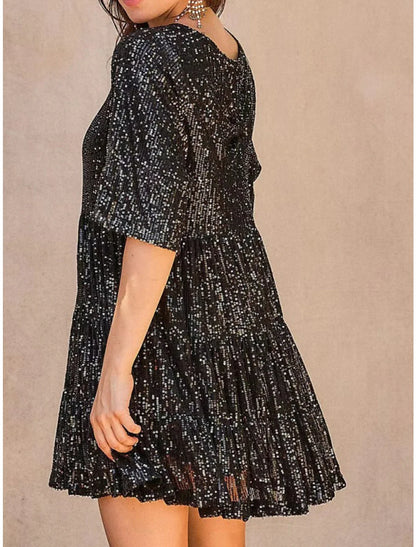 Women's Silver Sequin Dress Party Dress Sparkly Dress Homecoming Dress Mini Dress Black Purple Half Sleeve Summer Spring Fall Crew Neck Summer Dress Loose Fit
