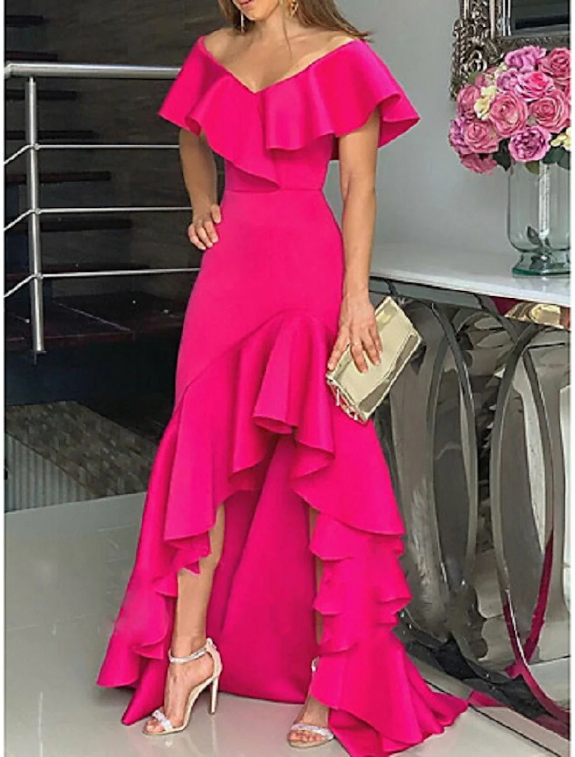 A-Line Evening Gown Minimalist Dress Wedding Guest Homecoming Asymmetrical Sleeveless Off Shoulder Satin with Ruffles Slit